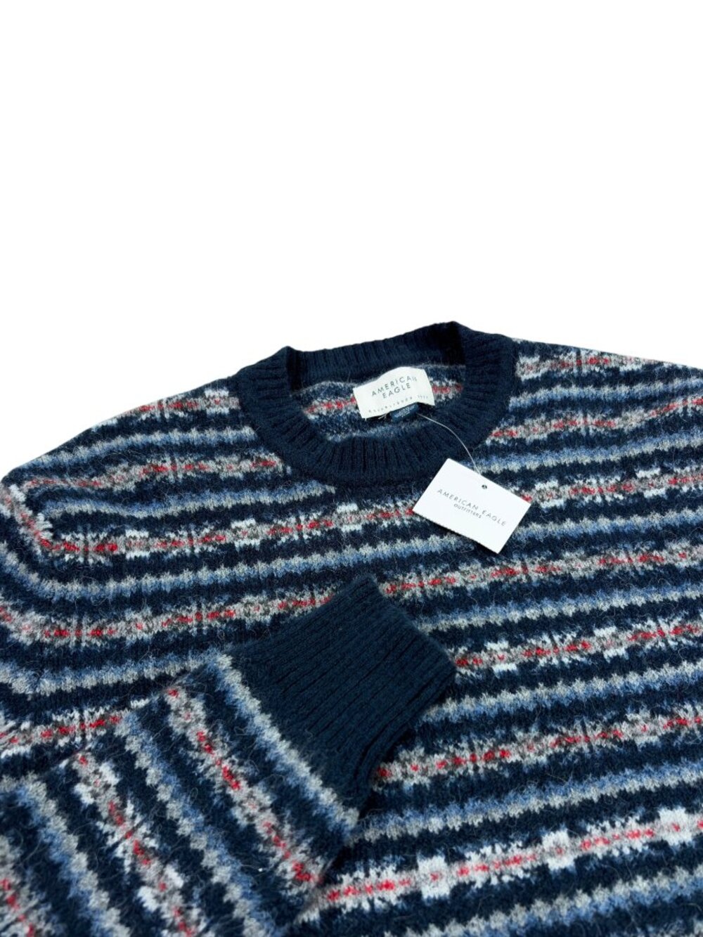 American Eagle Fair Isle Crewneck Sweater Mens Size L SLIM FIT Blue & Red NWT